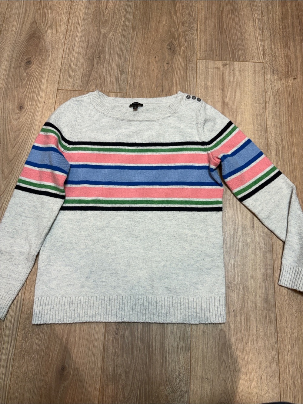 Talbots Light Gray Crewneck Sweater with Pink, Blue & Green Stripes